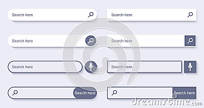 Search Bar for UI design. Set of elements for design interface of website. Search form with shadow. Navigation bar web icons. Vector Illustration